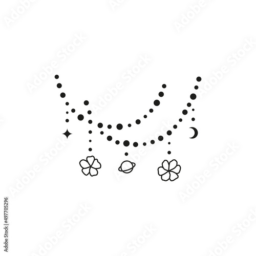 Hand drawn beads with flowers, planet, crescent moon, star.