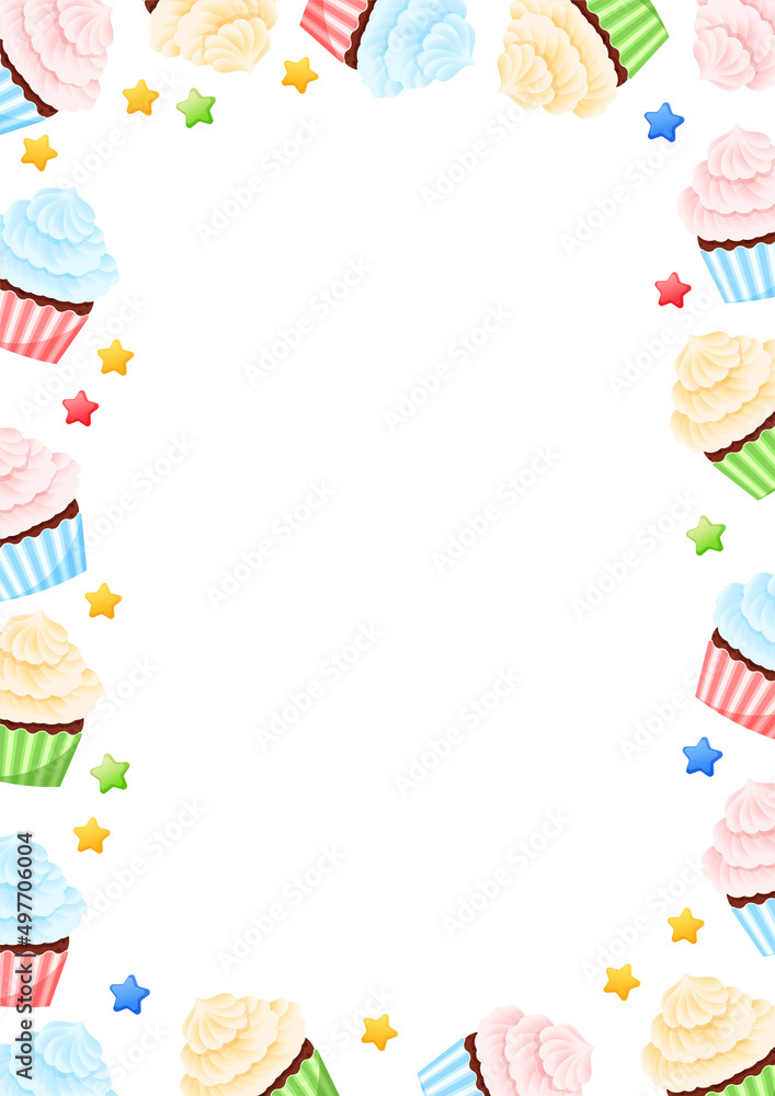 Cute cupcake background. Frame of cartoon sweet muffins and colorful stars on a white background. Vector 10 EPS.