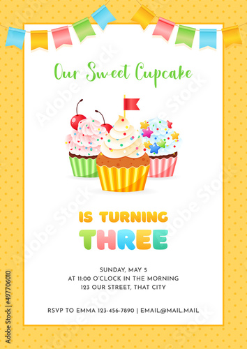 Birthday invitation card template for children party. Our Sweet Cupcake is turning three. Cute illustration of three cupcakes and bunting flags on a yellow dotted background.
