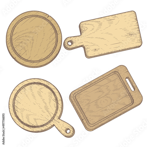 Hand drawn cutting wooden boards set. Top view. Sketch style kitchen utensils. Round and rectangular, with handle. Vector illustrations isolated on white.