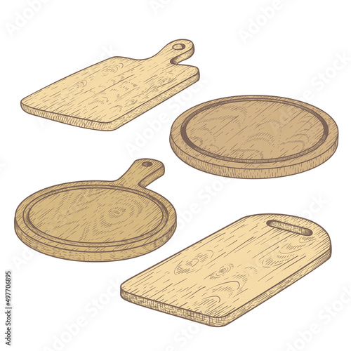 Hand drawn cutting wooden boards set. Sketch style kitchen utensils. Round and rectangular, with handle. Vector illustrations isolated on white.