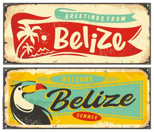 Belize summer holiday destination retro design template. Greetings from Belize creative greeting card souvenir. Vector image.