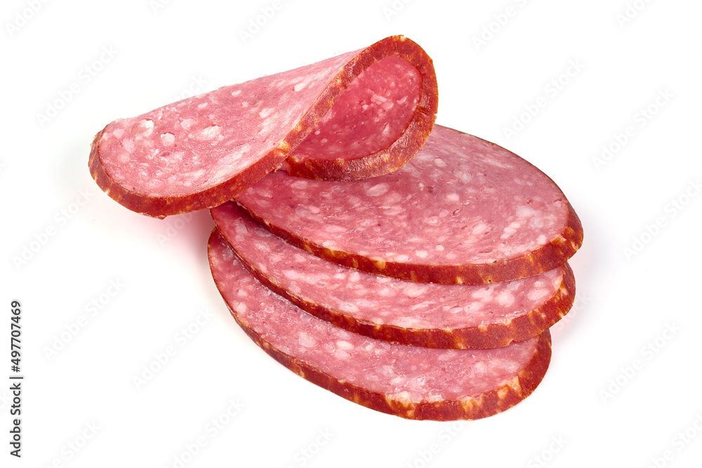 Smoked salami slices, isolated on white background.