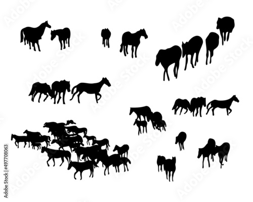 Set of horse silhouette in line art style.Horse vector by hand drawing.Horse tattoo on white background.Black and white horse illustration. Illustration of a herd of horses running in the meadow