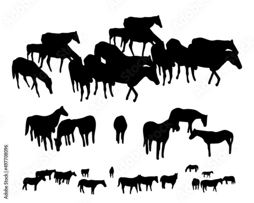 Set of horse silhouette in line art style.Horse vector by hand drawing.Horse tattoo on white background.Black and white horse illustration. Illustration of a herd of horses running in the meadow