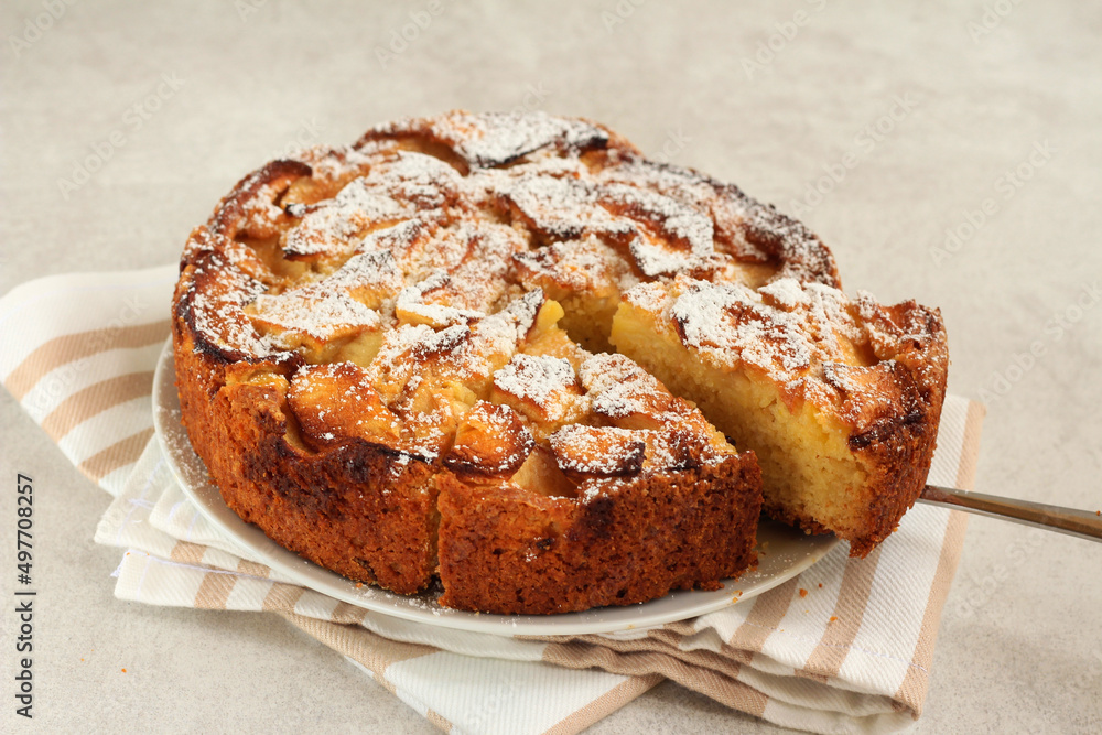 Apple cake with icing sugar on top