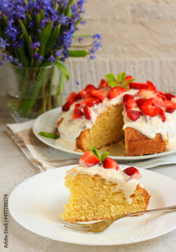 Coconut cake with yogurt and strawberry topping