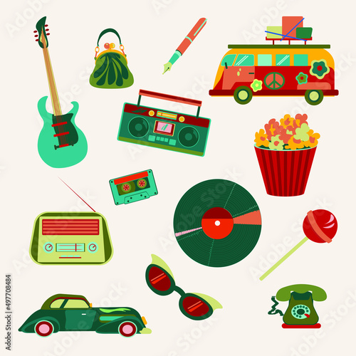 A set of minimalist vector images of retro items from the 60s and 70s, drawn in a burgundy green colour scheme. 