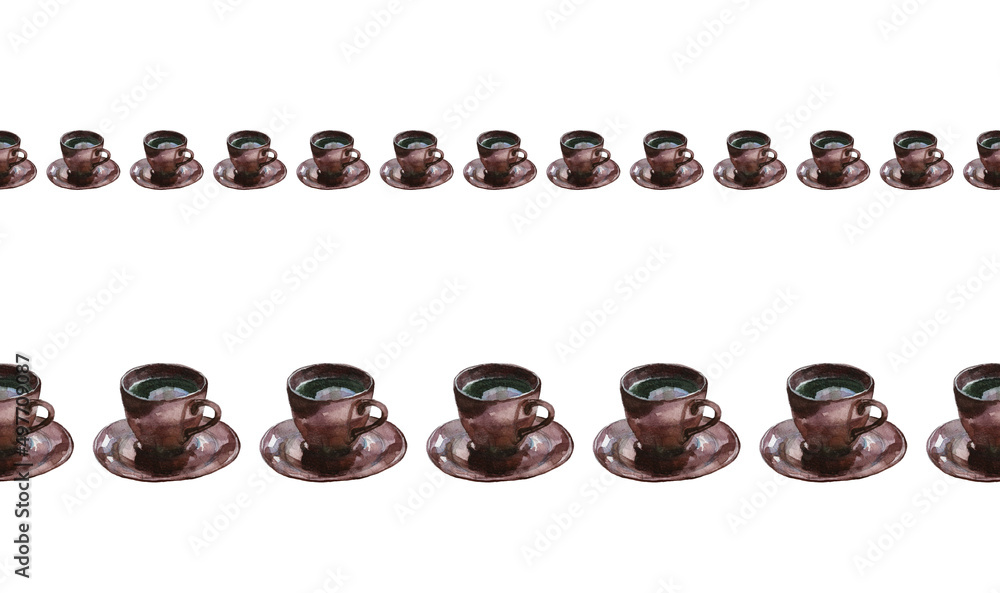Seamless border of upright brown coffee cups with saucers, isolated on white. Watercolor illustration. For stationery, duct tape, menu, packaging design, invitations and cards. Seamless border of upright brown coffee cups with saucers, isolated on white. Watercolor illustration. For stationery, duct tape, menu, packaging design, invitations and cards.