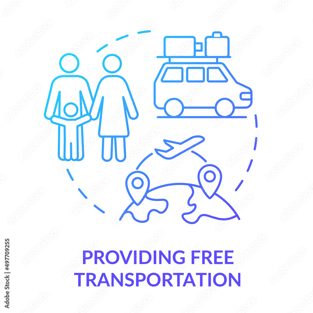 Providing free transportation blue gradient concept icon. Helping refugees. Government initiative abstract idea thin line illustration. Isolated outline drawing. Myriad Pro-Bold font used Providing free transportation blue gradient concept icon. Helping refugees. Government initiative abstract idea thin line illustration. Isolated outline drawing. Myriad Pro-Bold font used