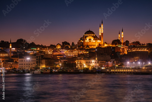 Istanbul cityscape with illuminated Suleymaniye Mosque