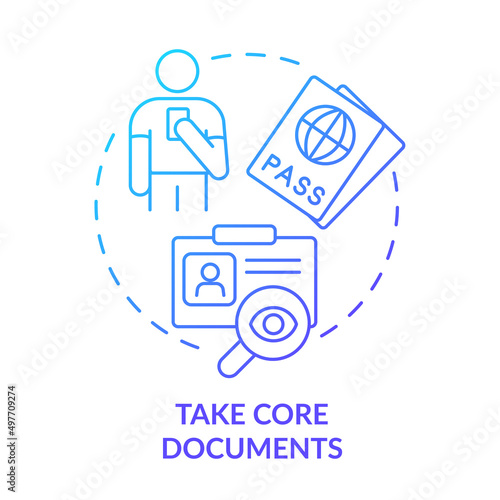 Take core documents blue gradient concept icon. Passport and visa. Refugees belongings and documents abstract idea thin line illustration. Isolated outline drawing. Myriad Pro-Bold font used