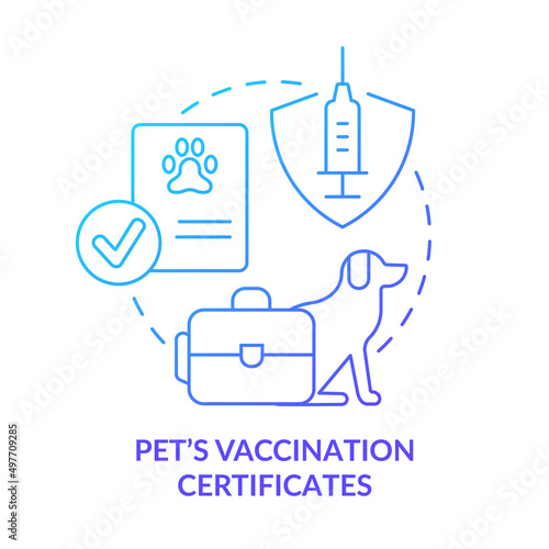 Pets vaccination certificate blue gradient concept icon. Helping refugees. Belongings and documents abstract idea thin line illustration. Isolated outline drawing. Myriad Pro-Bold font used