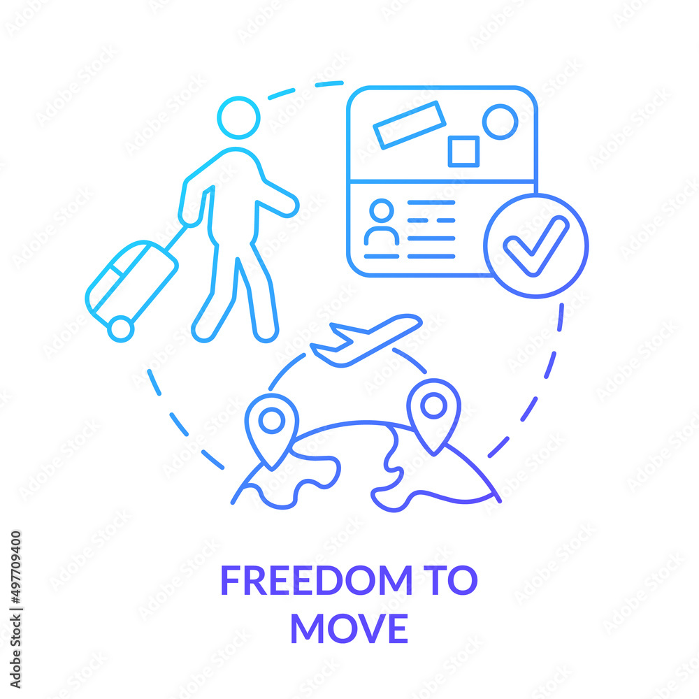 Freedom to move blue gradient concept icon. Opportunity to relocate. International protection. Refugee right abstract idea thin line illustration. Isolated outline drawing. Myriad Pro-Bold font used Freedom to move blue gradient concept icon. Opportunity to relocate. International protection. Refugee right abstract idea thin line illustration. Isolated outline drawing. Myriad Pro-Bold font used