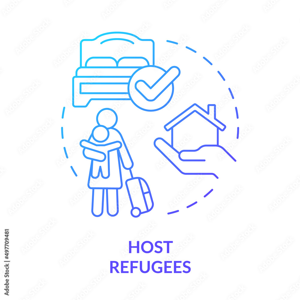 Host refugee blue gradient concept icon. Provide home and room. Temporary housing. Helping refugees abstract idea thin line illustration. Isolated outline drawing. Myriad Pro-Bold font used Host refugee blue gradient concept icon. Provide home and room. Temporary housing. Helping refugees abstract idea thin line illustration. Isolated outline drawing. Myriad Pro-Bold font used