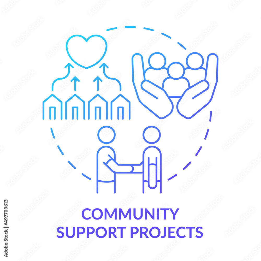 Community support projects blue gradient concept icon. Psychological care. Way to help refugees abstract idea thin line illustration. Isolated outline drawing. Myriad Pro-Bold font used Community support projects blue gradient concept icon. Psychological care. Way to help refugees abstract idea thin line illustration. Isolated outline drawing. Myriad Pro-Bold font used