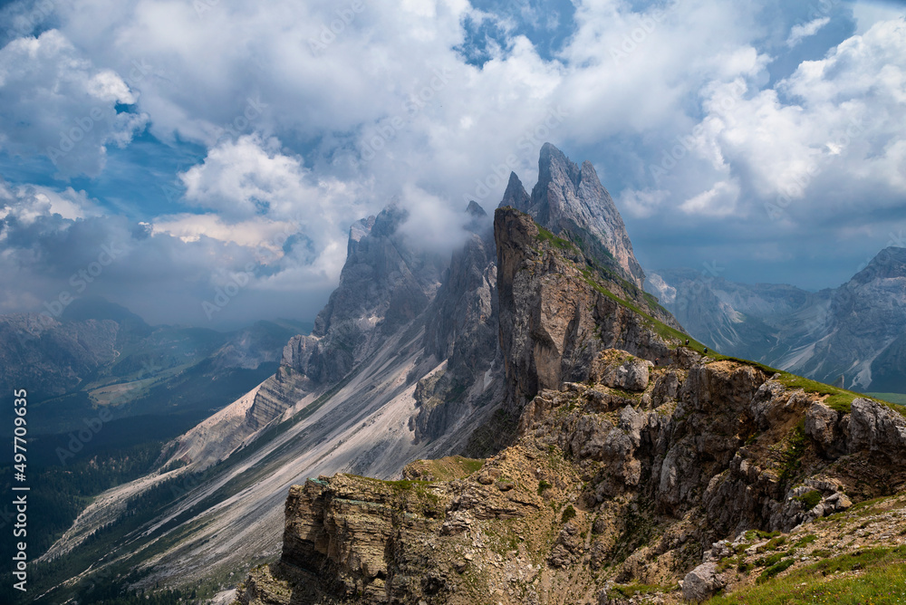 The majestic Dolomite Seceda Mountain range in Italy.