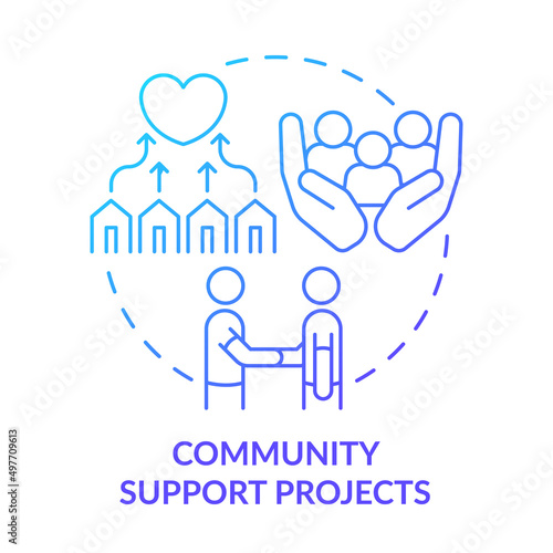 Community support projects blue gradient concept icon. Psychological care. Way to help refugees abstract idea thin line illustration. Isolated outline drawing. Myriad Pro-Bold font used