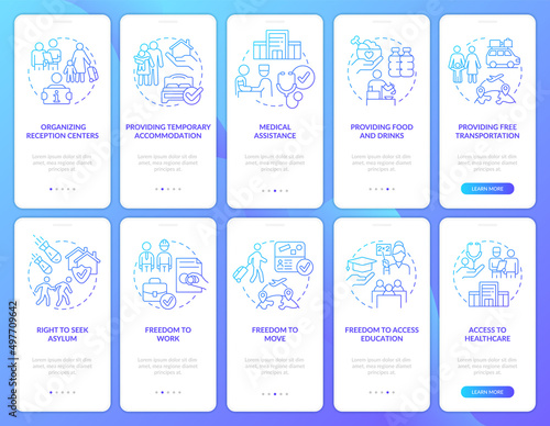 Helping refugees blue gradient onboarding mobile app screen set. Walkthrough 5 steps graphic instructions pages with linear concepts. UI, UX, GUI template. Myriad Pro-Bold, Regular fonts used