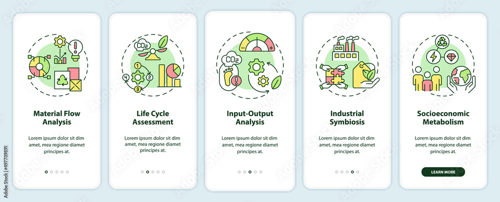 Methods of industrial ecology onboarding mobile app screen. Symbiosis walkthrough 5 steps graphic instructions pages with linear concepts. UI, UX, GUI template. Myriad Pro-Bold, Regular fonts used