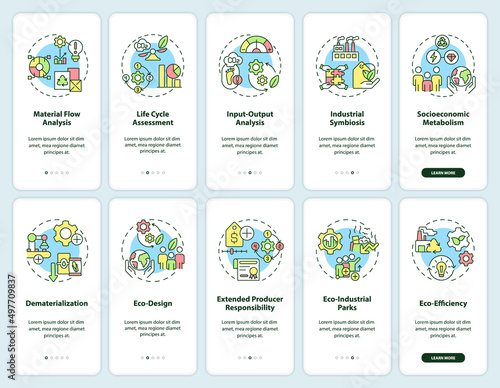 Industrial ecology onboarding mobile app screen set. Sustainability walkthrough 5 steps graphic instructions pages with linear concepts. UI, UX, GUI template. Myriad Pro-Bold, Regular fonts used