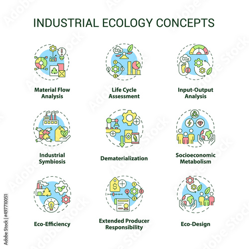 Industrial ecology concept icons set. Symbiosis of technology and environment idea thin line color illustrations. Isolated symbols. Editable stroke. Roboto-Medium, Myriad Pro-Bold fonts used