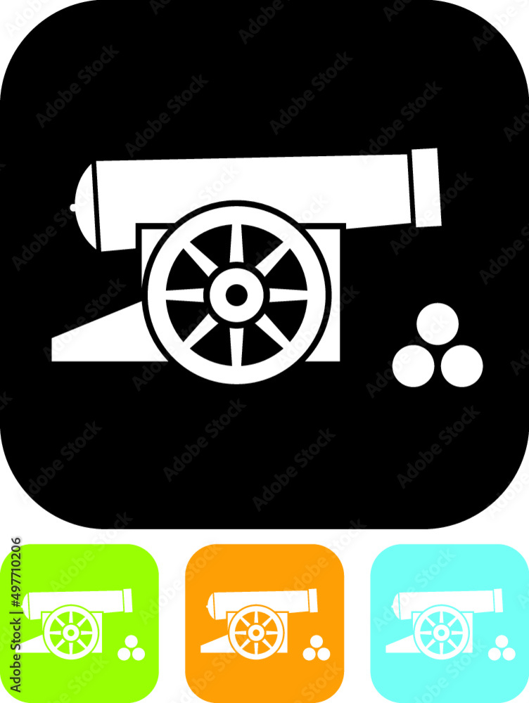 Antique artillery. Cannon gun with cannonballs.Vector icon Antique artillery. Cannon gun with cannonballs.Vector icon
