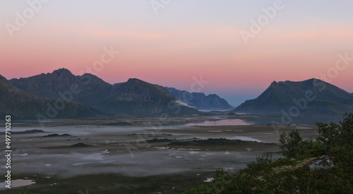 Sundown with mountain view at a Fjord Lofoten Island