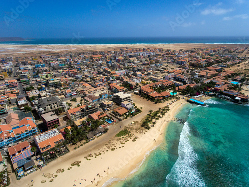 Santa Maria Beach Bay Aerial Drone landscapes footage in Sal Island Cabo Verde