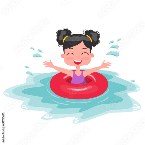 Pool party characters. Cute little kid girl wearing swimming suit and ring have fun in pool on summer holiday