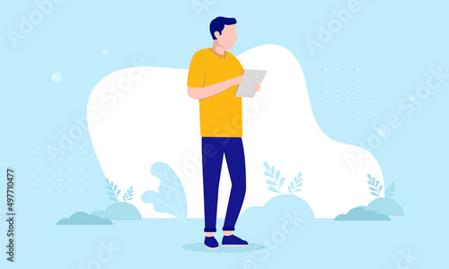 Man standing with tablet - Flat design vector illustration of casual person working on device with blue background