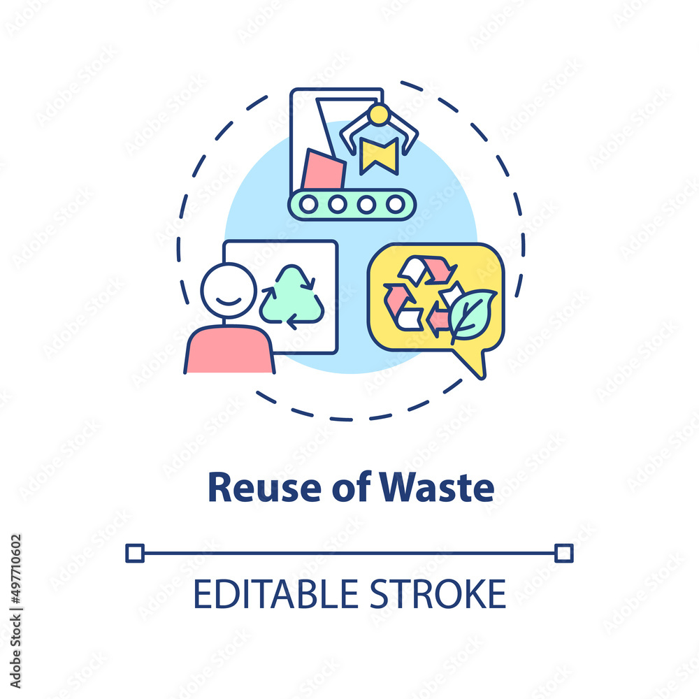 Reuse of waste concept icon. Materials recycling. Cleaner production option abstract idea thin line illustration. Isolated outline drawing. Editable stroke. Arial, Myriad Pro-Bold fonts used Reuse of waste concept icon. Materials recycling. Cleaner production option abstract idea thin line illustration. Isolated outline drawing. Editable stroke. Arial, Myriad Pro-Bold fonts used