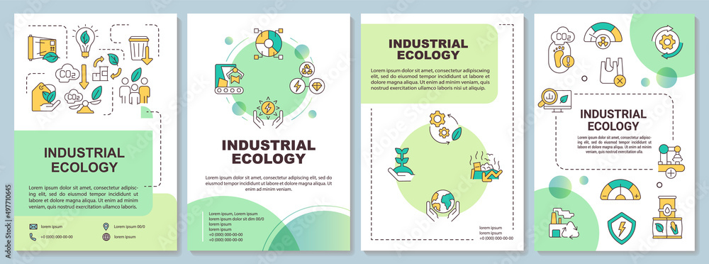 Plakat Industrial ecology system green brochure template. Clean production. Leaflet design with linear icons. 4 vector layouts for presentation, annual reports. Arial-Bold, Myriad Pro-Regular fonts used