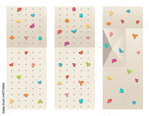 Holds for rock climbing on bouldering wall. Grips and pitches for extreme sport competition. Vector