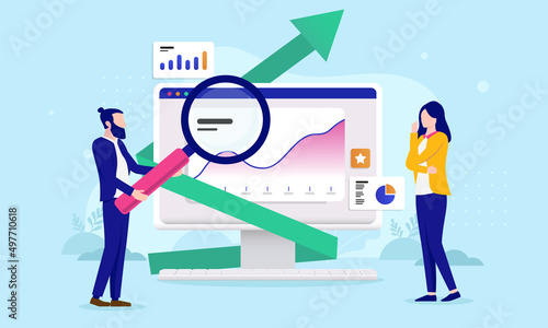 Analysing business - Woman and man with magnifying glass looking at charts and graphs on computer screen. Flat design vector illustration with blue background