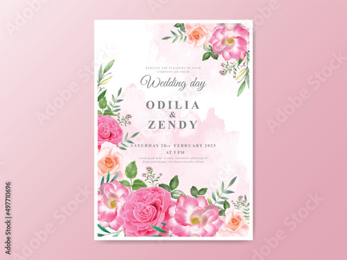 Beautiful pink flowers wedding invitation card template