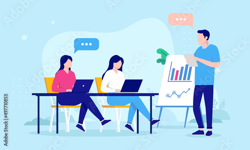 Casual businesspeople in meeting - Three people, man and women having a workshop in office. Flat design vector illustration with blue background