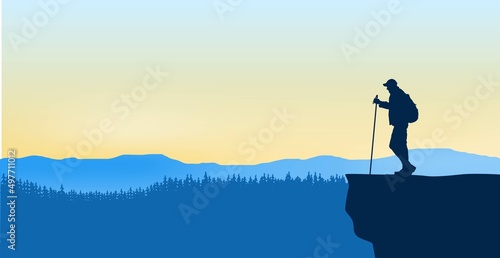 Silhouette of a Tourist at the Cliff with Backpack. Traveling and outdoor activities concept vector.