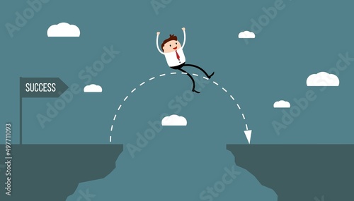 Happy Businessman Leap of Faith to Success. Overcoming obstacles and determination concept vector
