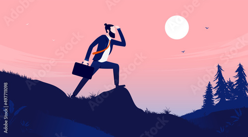 Businessman searching for job - Man standing in nature landscape looking for opportunities and new beginnings. Vector illustration