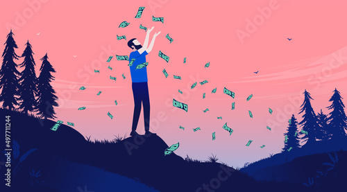 Financial freedom - Happy and carefree man standing in nature making lots of money. Vector illustration
