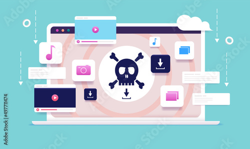 Piracy downloading - Laptop computer with pirate skull on screen downloading files illegally from internet. Vector illustration