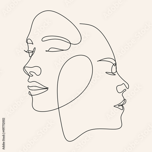 Abstract face with flowers by one line vector drawing. Portrait minimalistic style. Botanical print. Nature symbol of cosmetics. Modern continuous line art. Fashion print. Beaty salon logo.