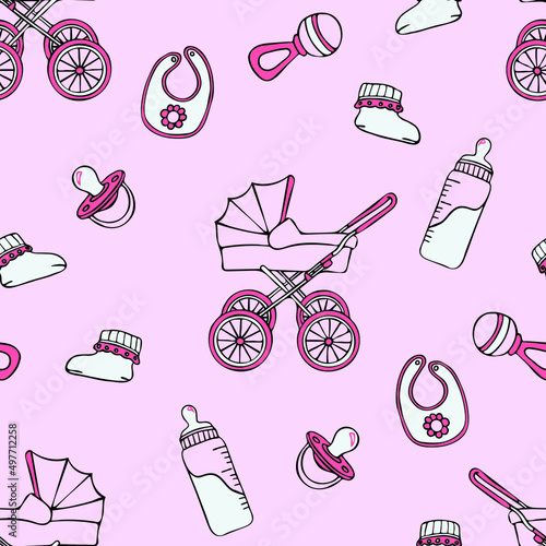Seamless vector pattern with baby girl toys on pink background. Simple newborn wallpaper design. Decorative baby shower fashion textile.