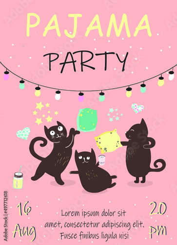 Invitation to a pajama party, 3 cats frolic, pillow fight, hearts, cocktails, stars, garland.