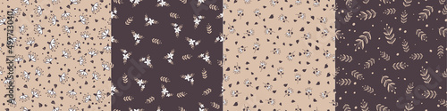 Modern floral pattern, small flowers, leaves. On a dark and yellow background.Seamless vector pattern set. Modern design for paper, cover, fabric, decor, print. Modern design for paper, cover