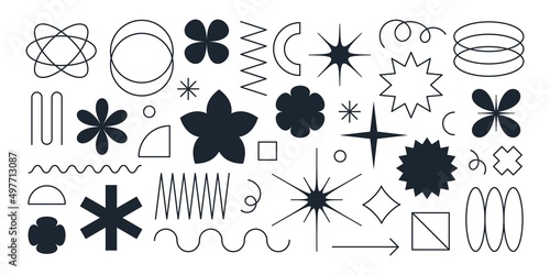 Abstract geometric shapes silhouettes, brutalism forms, black memphis geometric elements. Trendy minimalist basic figures, stars, lines and circles, modern graphic design element vector set