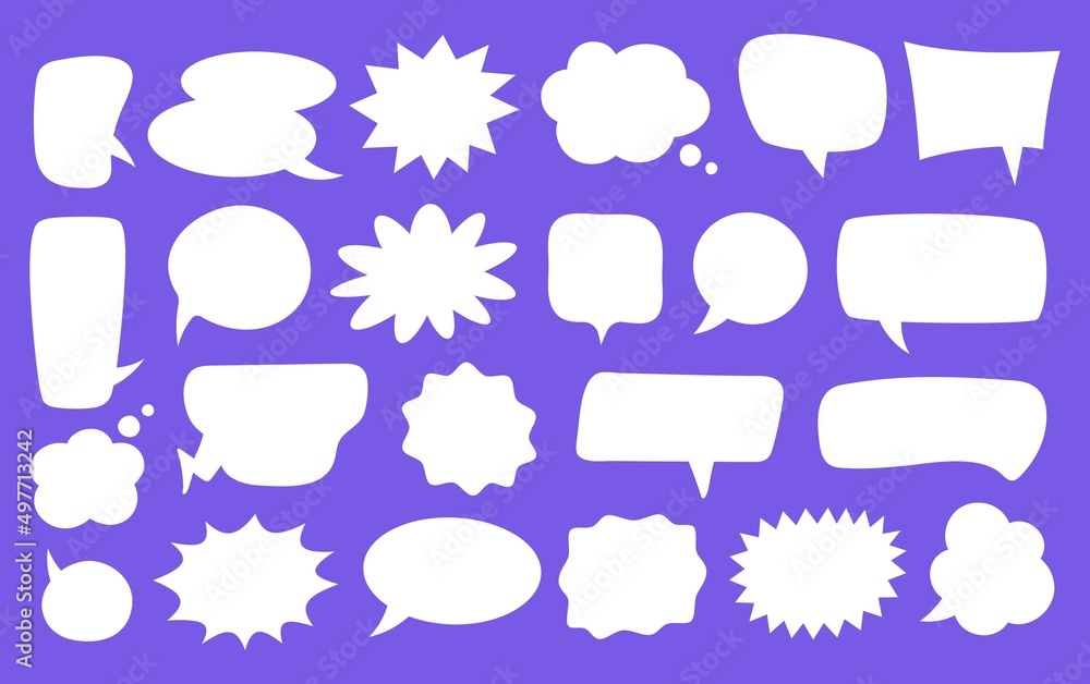 White speech bubbles, blank chat balloons in various shapes. Comic cloud bubble, empty dialog balloon, conversation message icon vector set White speech bubbles, blank chat balloons in various shapes. Comic cloud bubble, empty dialog balloon, conversation message icon vector set