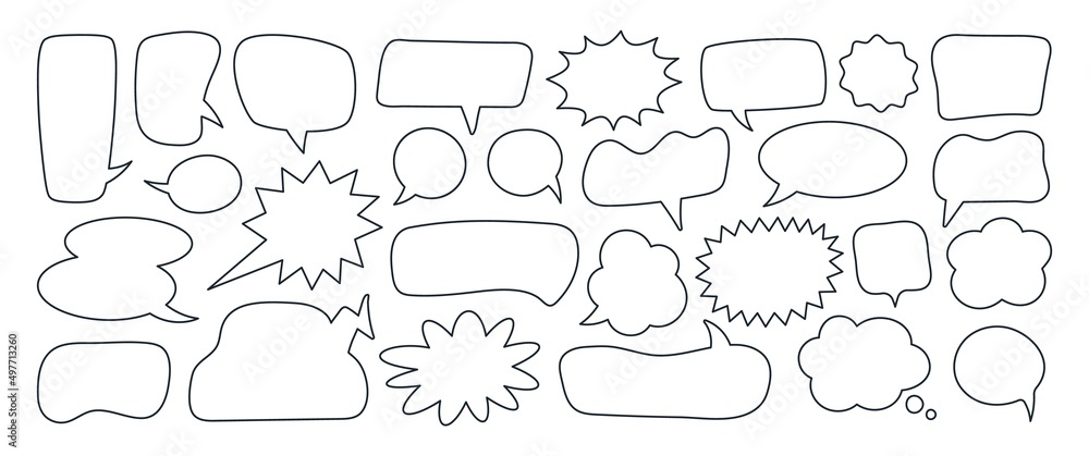 Linear speech bubbles, blank chat balloons in various shapes. Comic cloud bubble, empty dialog balloon, outline conversation message icon vector set Linear speech bubbles, blank chat balloons in various shapes. Comic cloud bubble, empty dialog balloon, outline conversation message icon vector set