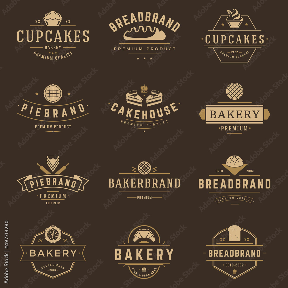 Bakery shop logos templates set. Vector object and icons for pastries labels, bread badges, emblems graphics.